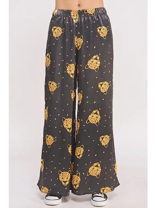 leopard satin straight leg pants