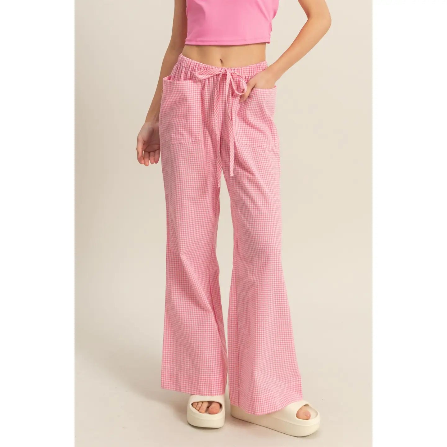 gingham print drawstring wide pants -pink