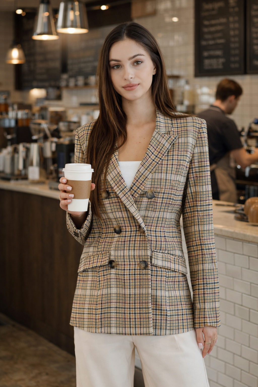 Classic Plaid Double-Breasted Blazer
