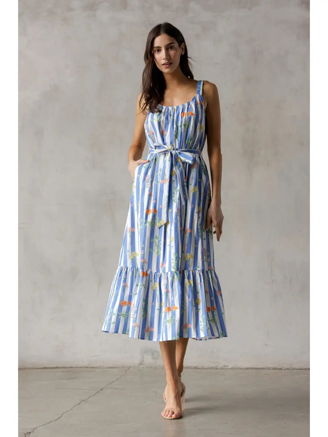 Blue Striped Floral Midi
