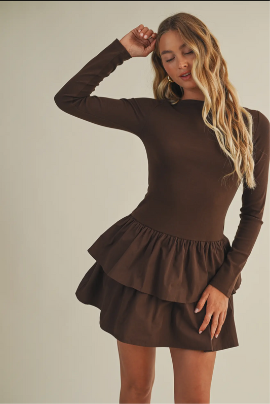 Boat neck ruffled mini dress