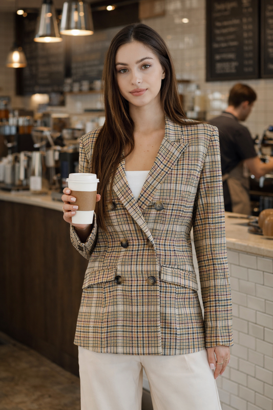 Classic Plaid Double-Breasted Blazer